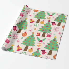 Retro 70s Groovy Kerstbomen Patroon Cadeaupapier