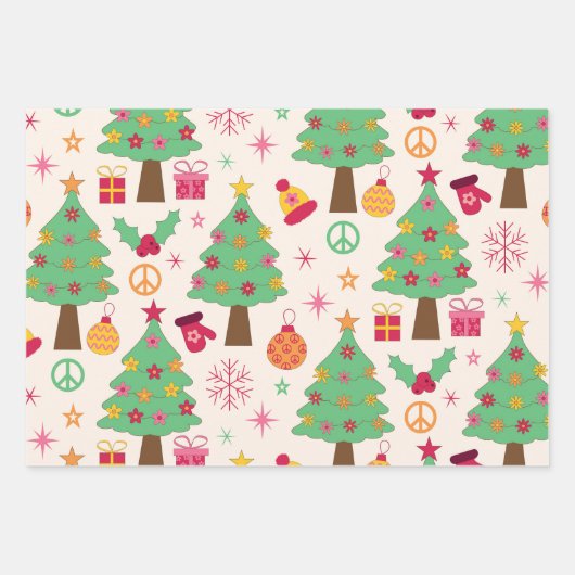 Retro 70s Groovy Kerstbomen Patroon Inpakpapier Vel (Voorkant 2)