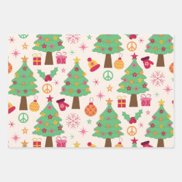 Retro 70s Groovy Kerstbomen Patroon Inpakpapier Vel