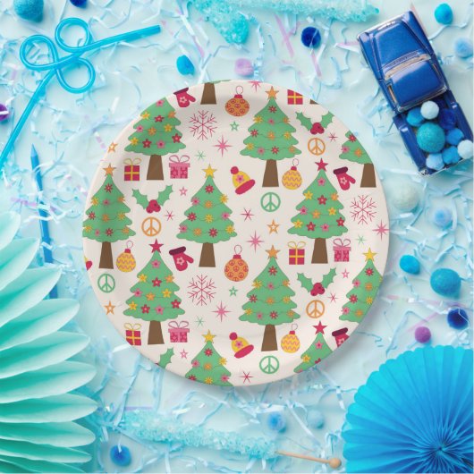 Retro 70s Groovy Kerstbomen Patroon Papieren Bordje (Feest)