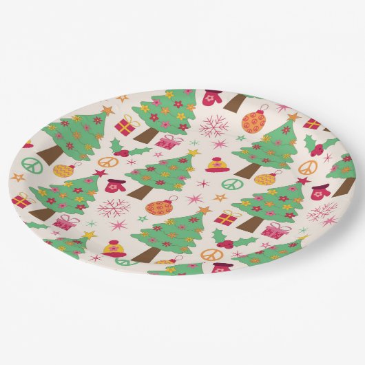 Retro 70s Groovy Kerstbomen Patroon Papieren Bordje (Gekanteld)