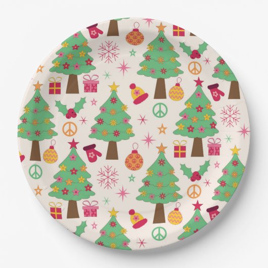 Retro 70s Groovy Kerstbomen Patroon Papieren Bordje (Voorkant)
