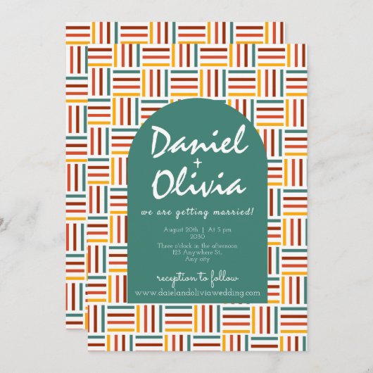 Retro 70's Groovy lijn met QR / foto bruiloft Kaart (Voorkant / Achterkant)