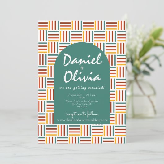 Retro 70's Groovy Line met QR Wedding Kaart (Staand voorkant)