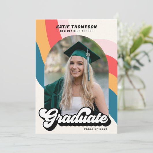 Retro 70s Groovy Modern Arch Photo Afstuderen Kaart (Staand voorkant)