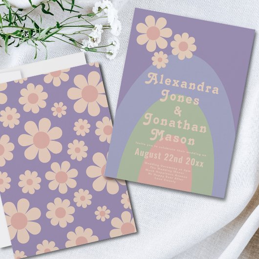 Retro 70s Groovy Pastel Kleuren Bruiloft Kaart