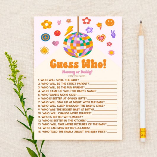 Retro 70's Groovy Raad eens wie! Baby shower game Briefpapier