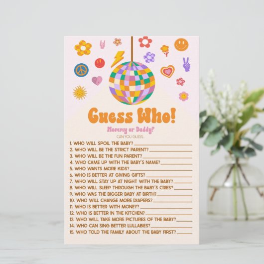 Retro 70's Groovy Raad eens wie! Baby shower game Briefpapier (Staand voorkant)