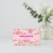 Retro 70s Groovy Roze Bloemen & Regenboog Funky Visitekaartje (Staand voorkant)