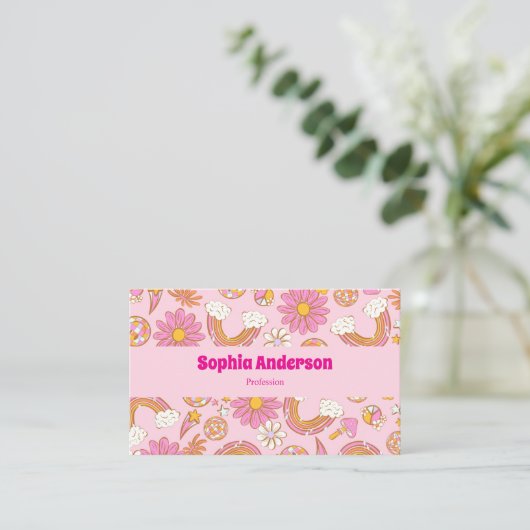 Retro 70s Groovy Roze Bloemen & Regenboog Funky Visitekaartje (Staand voorkant)