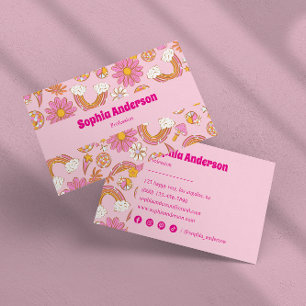 Retro 70s Groovy Roze Bloemen & Regenboog Funky Visitekaartje