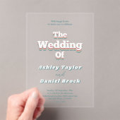 Retro 70s Groovy Stijlvolle Modern Wedding Acryl Uitnodigingen (Insitu (Draagbaar))