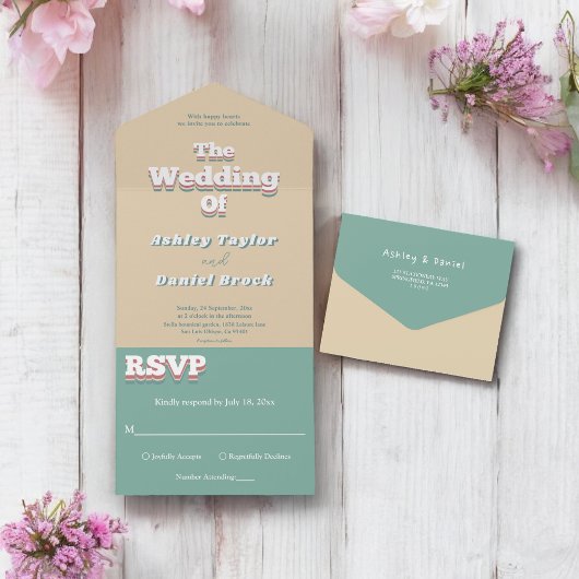  Retro 70s Groovy Stijlvolle Modern Wedding All In One Uitnodiging