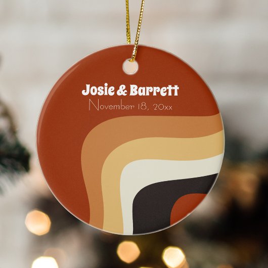 Retro 70s Groovy Trouwpaar Foto Kerstmis Keramisch Ornament