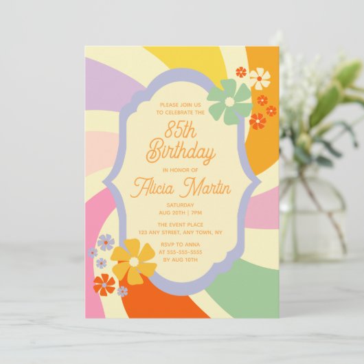 Retro 70s Groovy Wave Flower 85e verjaardag Kaart (Staand voorkant)