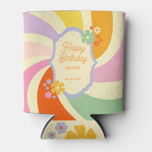 Retro 70s Groovy Wave Flower Gelukkige Verjaardag Blikjeskoeler (Voorkant)