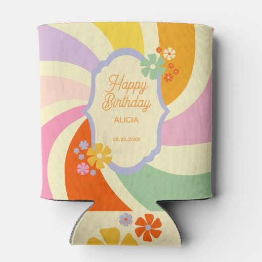 Retro 70s Groovy Wave Flower Gelukkige Verjaardag Blikjeskoeler (Achterkant)