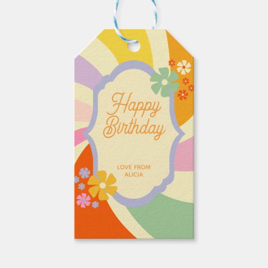 Retro 70s Groovy Wave Flower Gelukkige Verjaardag Cadeaulabel (Voorkant)