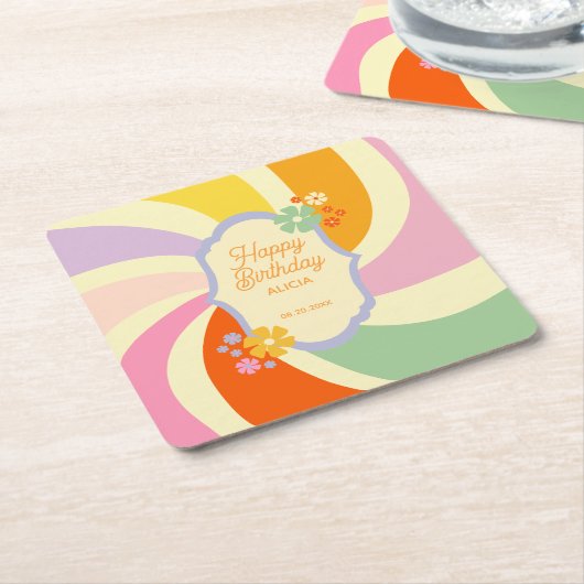 Retro 70s Groovy Wave Flower Gelukkige Verjaardag Kartonnen Onderzetters (Schuin)