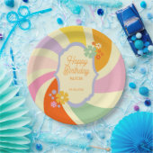 Retro 70s Groovy Wave Flower Gelukkige Verjaardag Papieren Bordje (Feest)
