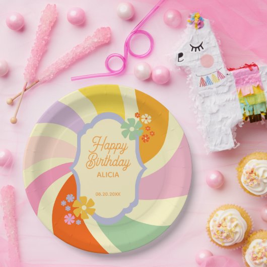 Retro 70s Groovy Wave Flower Gelukkige Verjaardag Papieren Bordje (Feest)