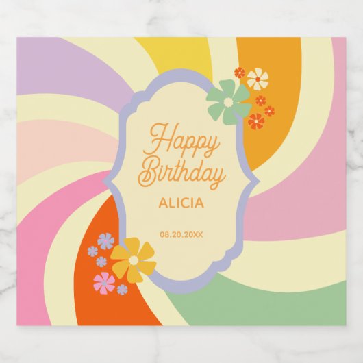 Retro 70s Groovy Wave Flower Gelukkige Verjaardag Sparkling Wijnetiket (Enkel label)