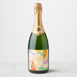 Retro 70s Groovy Wave Flower Gelukkige Verjaardag Sparkling Wijnetiket