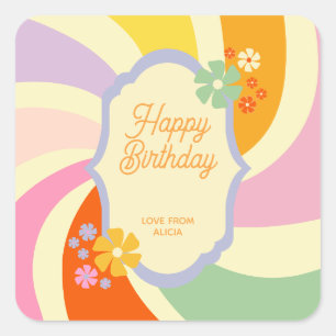 Retro 70s Groovy Wave Flower Gelukkige Verjaardag Vierkante Sticker