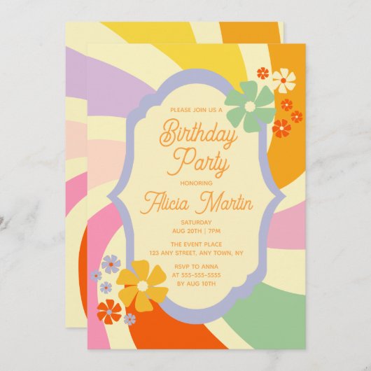 Retro 70s Groovy Wave Flower Verjaardagsfeest Kaart (Voorkant / Achterkant)