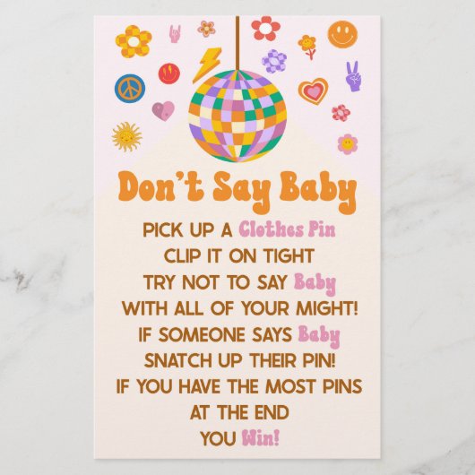 Retro 70's Groovy zeggen geen Baby shower spel Briefpapier (Voorkant)
