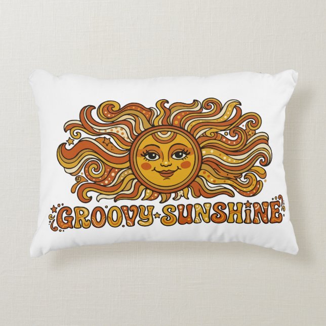 Retro 70s Groovy Zonneschijn Lachende Zon Accent Kussen (Voorkant)