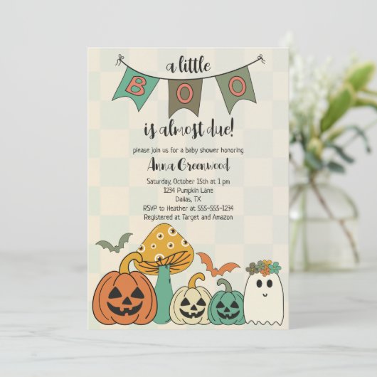 Retro 70's Halloween Baby shower Little Boo Kaart (Staand voorkant)