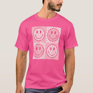 Retro 70s Happy Face Pink Smile Face Checkered T-shirt