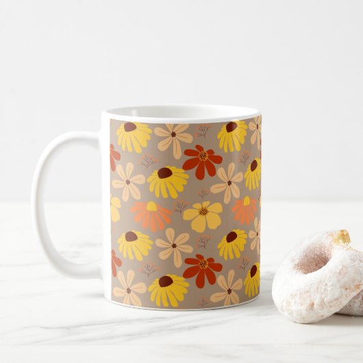Retro 70's Herfst Bloemen Naadloos Patroon Koffiemok (Met donut)