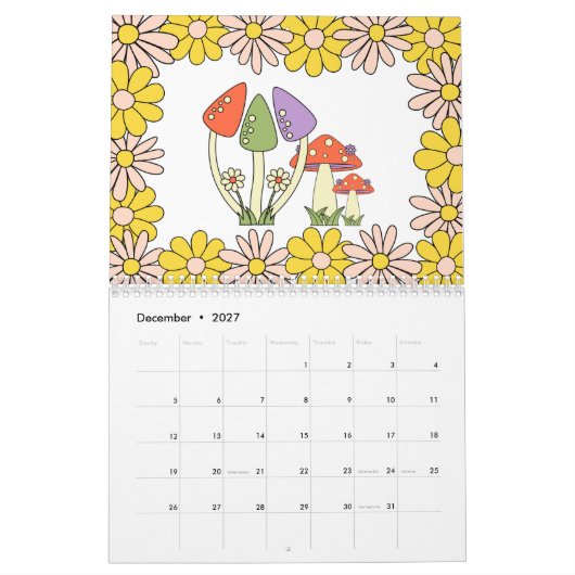 Retro 70s Hippie Groovy Mushroom & Bloem Kalender (Dec 2027)