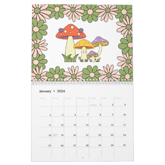 Retro 70s Hippie Groovy Mushroom & Bloem Kalender (Jan 2026)