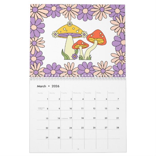 Retro 70s Hippie Groovy Mushroom & Bloem Kalender (Mar 2026)