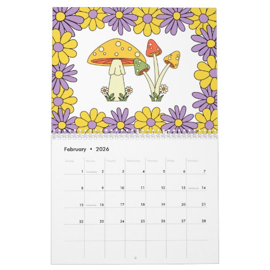Retro 70s Hippie Groovy Mushroom & Bloem Kalender (Feb 2026)