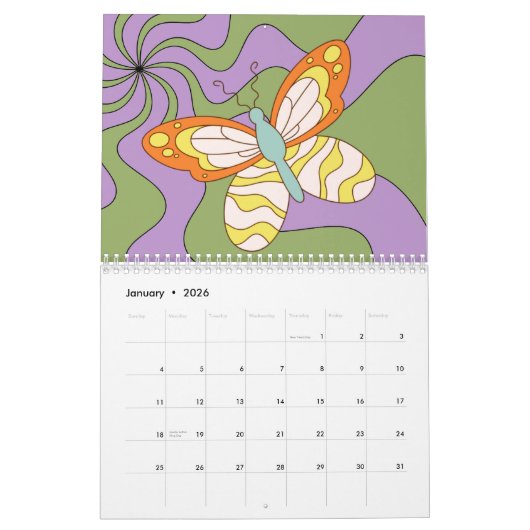 Retro 70s Hippie Groovy Wave Butterfly Kalender (Jan 2026)