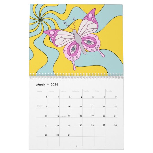 Retro 70s Hippie Groovy Wave Butterfly Kalender (Mar 2026)