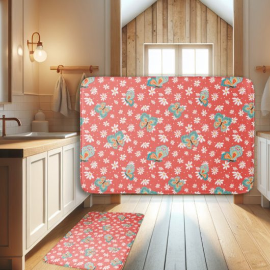 RETRO 70s Hippy Daisy Mod Butterfly Salmon Pink Badmat
