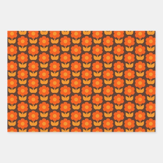 Retro 70s Jonnty Bloempatroon Sinaasappel & Bruin Inpakpapier Vel (Voorkant 2)