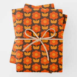 Retro 70s Jonnty Bloempatroon Sinaasappel & Bruin Inpakpapier Vel