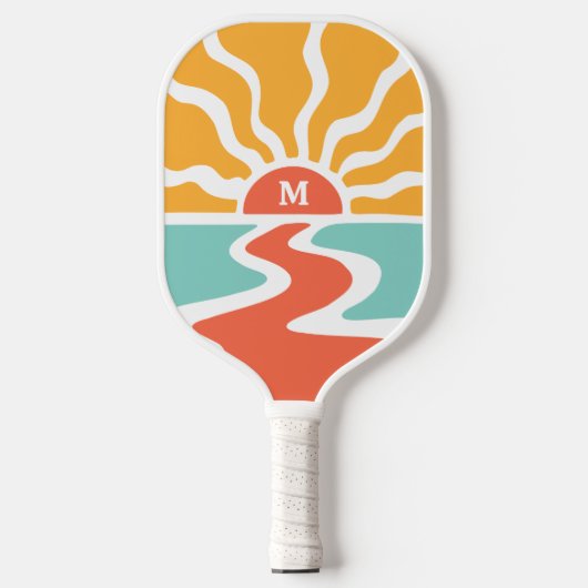 Retro 70s Kleurrijke Ocean Sunrise Monogram Initia Pickleball Paddle (Voorkant)