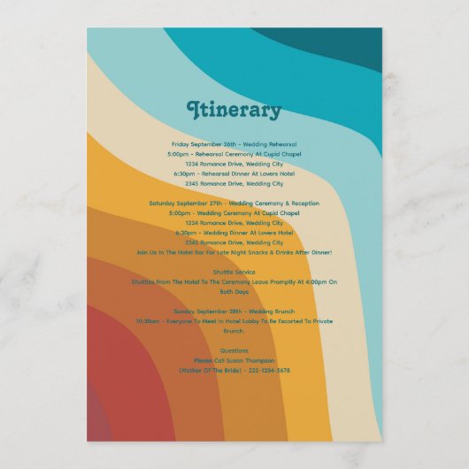 Retro 70's kleurrijke regenboogrondleiding programmakaart (Achterkant)