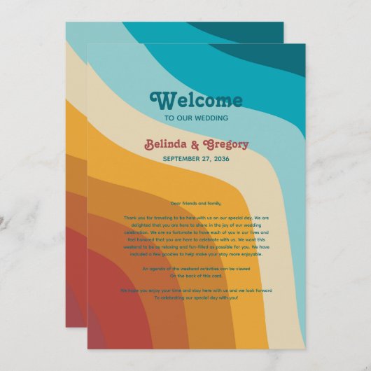 Retro 70's kleurrijke regenboogrondleiding programmakaart (Voorkant / Achterkant)