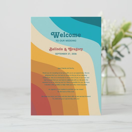 Retro 70's kleurrijke regenboogrondleiding programmakaart (Staand voorkant)