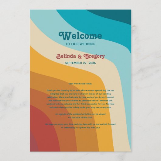 Retro 70's kleurrijke regenboogrondleiding programmakaart (Voorkant)