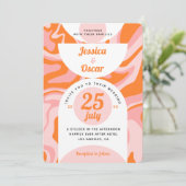 Retro 70s Liquid Swirl Boho Pink Oranje Wedding Kaart (Staand voorkant)