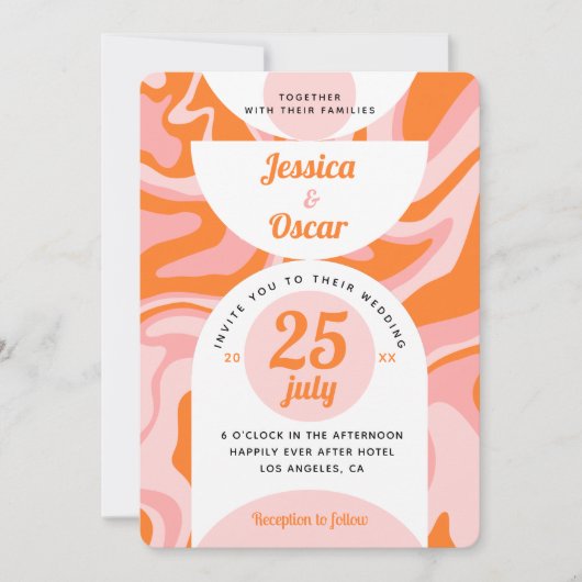 Retro 70s Liquid Swirl Boho Pink Oranje Wedding Kaart (Voorkant)